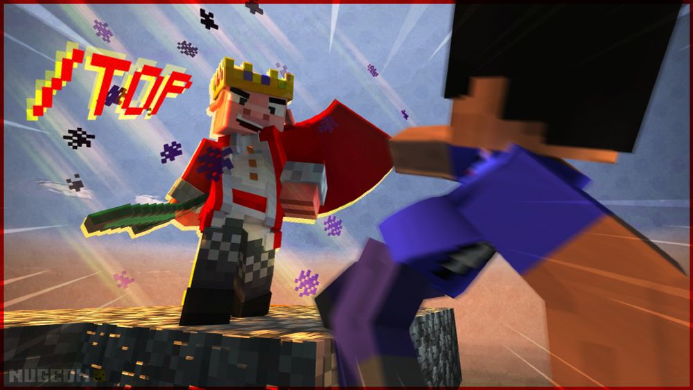 3D Minecraft render depicting the "/top" incident on Minecraft Monday. The image shows Technoblade pushing Vikkstar off a platform in the sky, the words "/TOP" is written besides him.