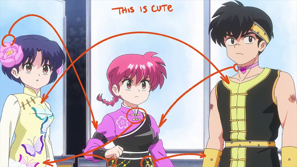 Akane, Ranma, and Ryoga in their skating arc costumes, with arrows pointing out matching colors.