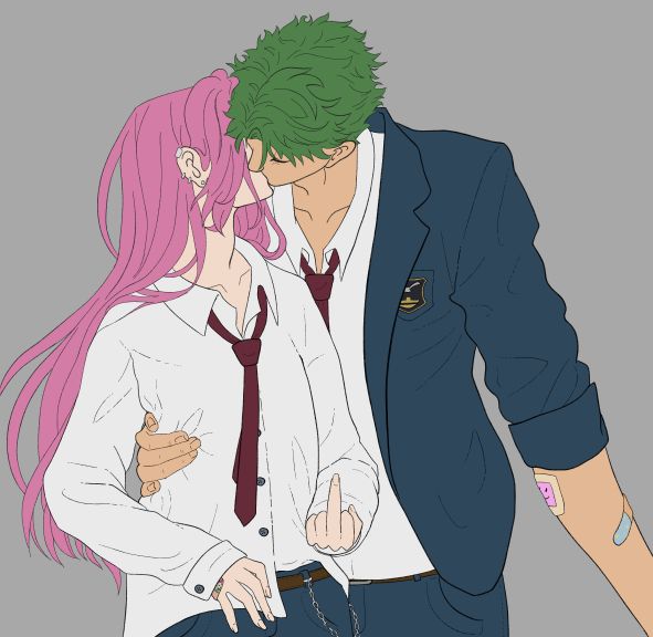 screenshot from a work in progress of a teenage matchablossom fanart of Kaoru and Kojiro kissing while wearing their school uniform. Kaoru is giving a middle finger to the "viewer".