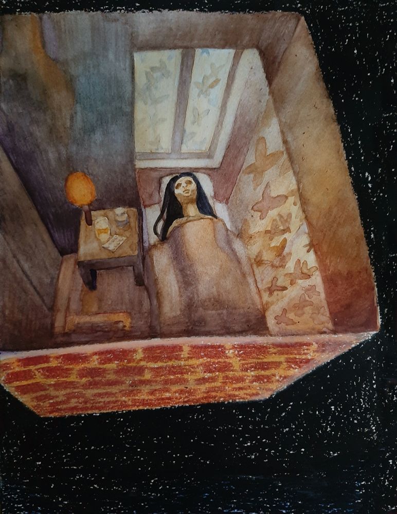 Fake exit, watercolor and oil pastel.