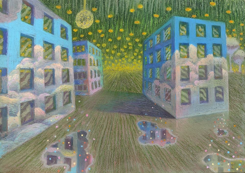 The idea was to swap textures in the landscape. The walls of the houses are the sky, the sky is the grass in dandelions, and the ground is just the ground.
