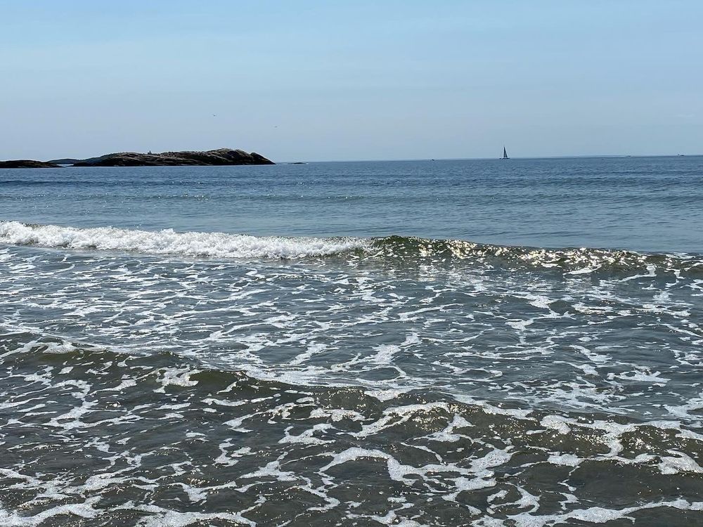 Frothing gentle waves, a sailboat and bird-covered island in the distance 