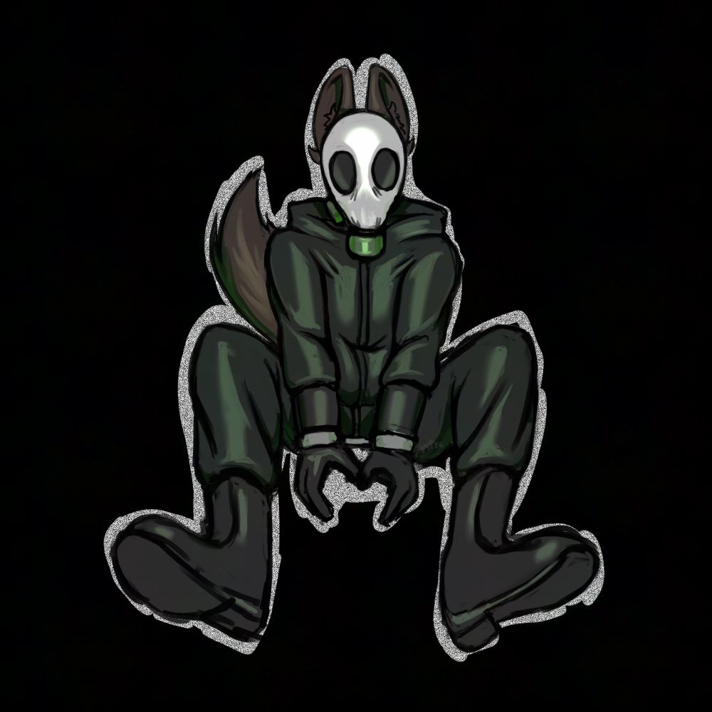 anthropomorphic dog with a gp-5 adjacent gas mask on, with his hands tied with handcuffs, wearing a dark green suit, black gloves and boots