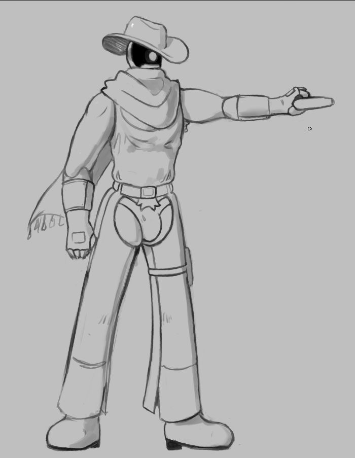 bandit from risk of rain 2, wearing chaps that reveal his underwear, aiming with a pistol