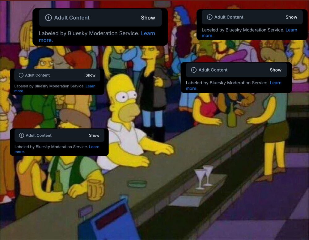The Homer Simpson sitting at a lesbian bar meme but he’s surrounded by Bluesky adult content warning labels because gays post pics of their penises every Friday and call it fat cock Friday 