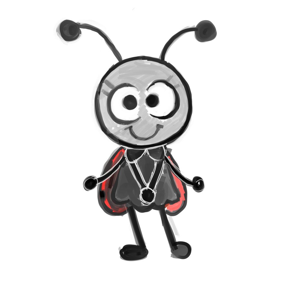 Digital sketch of an anthropomorphic ladybug girl. She wears a grey dress and her wings are stylized almost like a cape behind her back. Being an insect, she has two sets of arms; one has its hands clasped in front of her and the others are swayed to the sides.