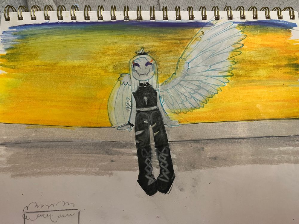 Traditional art, Fang from Goodbye Volcano High sitting on a ledge and waving with their wing while the sky is yellow behind them. It was supposed to be a sunset but the artist messed it up.
