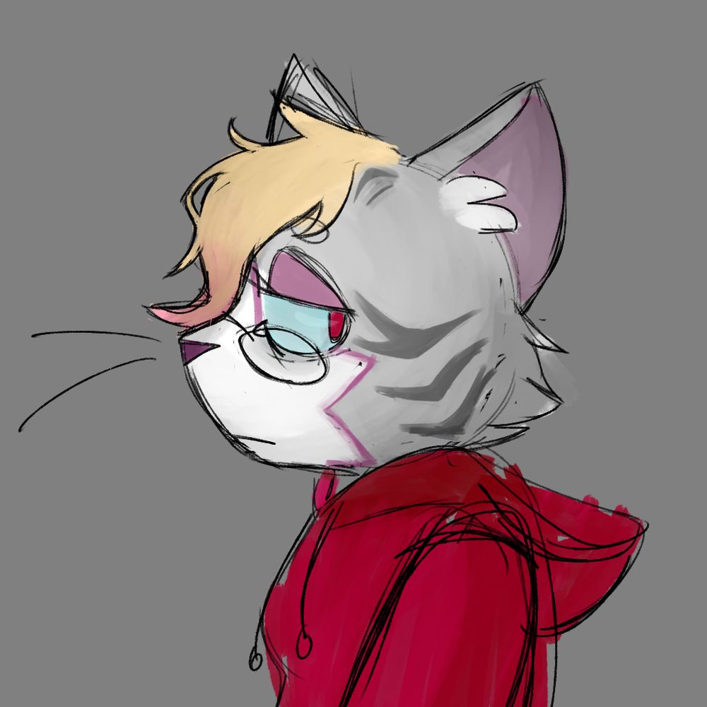 Grey tabby cat with glasses in a maroon hoodie looking over their shoulder. They look tired.