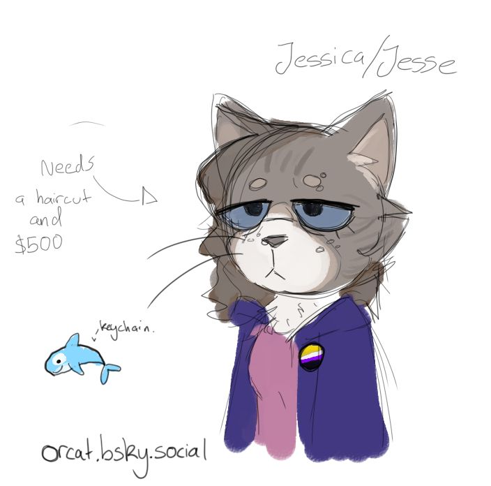 A grey-brown tabby cat with a long, brown sidecut, a purple jacket that honestly was supposed to be a dark navy blue but the artist messed that up, a dusty pink shirt, and a nonbinary pin. They have glasses, a pierced eyebrow and a nose piercing. There is a doodle of a blue orca keychain in the corner. There is text to the left of the image that reads 'Needs a haircut and $500', followed by an arrow pointed at the cat. The cat's names are Jessica and/or Jesse.