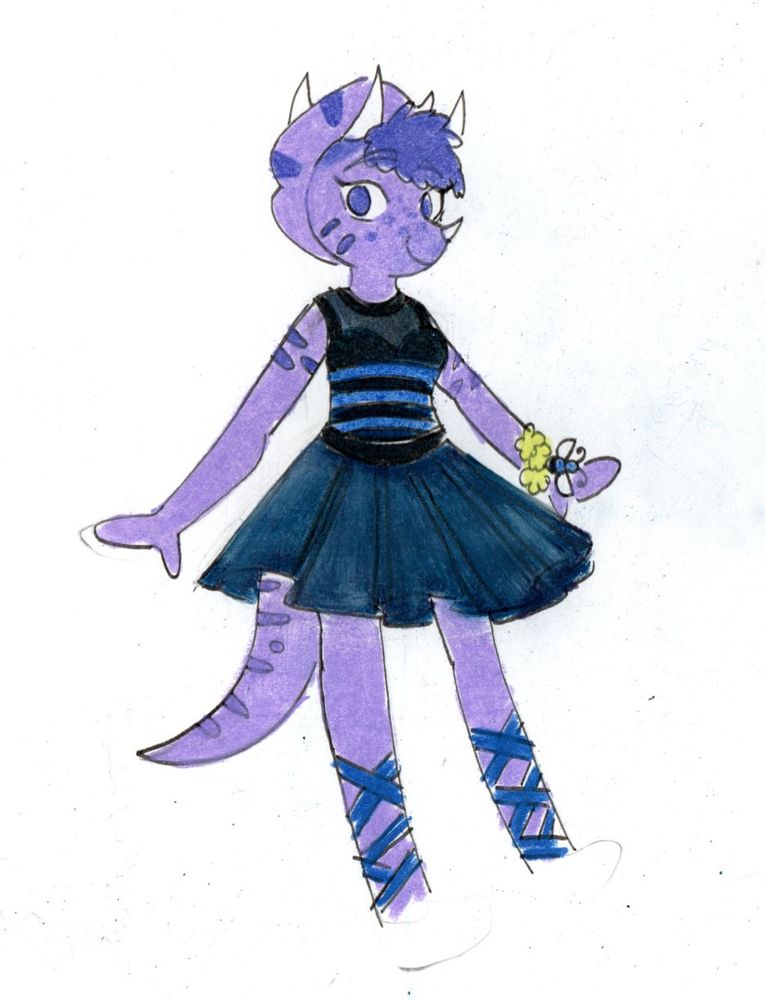 Trish from Goodbye Volcano High, a purple triceratops, wearing her prom dress. It's black with blue stripes, with an indigo skirt and a matching blue bee corsage on her wrist.