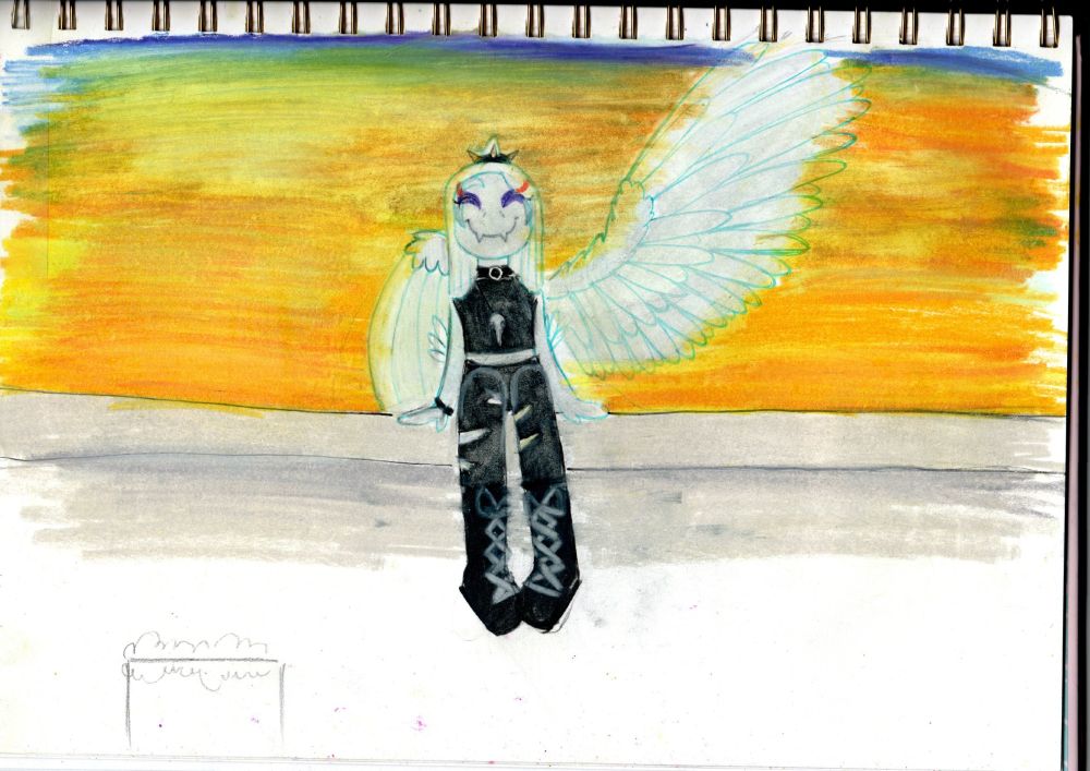 Fang from Goodbye Volcano High, a grey, feathered pterosaur, sitting on a ledge or perhaps a roof, waving their wing in greeting with a smile on their face while the sky behind them is lit up in shades of orange as the sun sets.