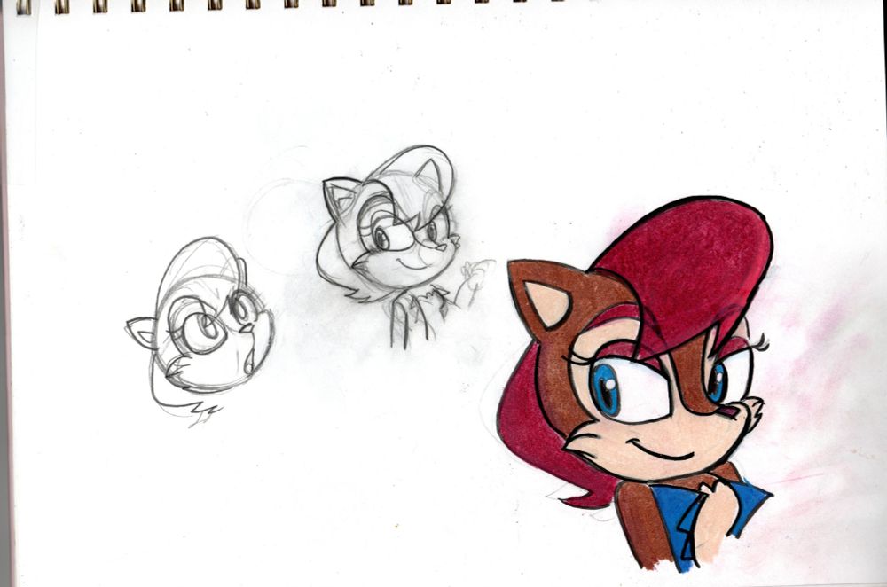 Sally Acorn in her satAM design. Two pencil sketches, and one fully coloured bust shot.