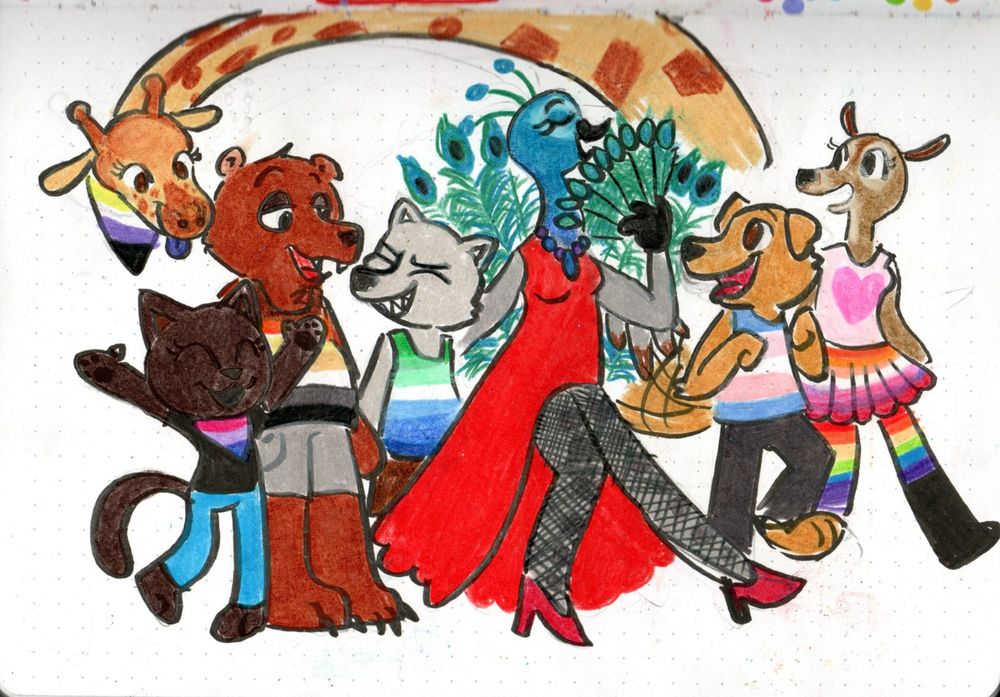 A bunch of queer animals. From left to right, there is: A nonbinary giraffe, a bisexual female cat (tomcat), a bear wearing the bear pride flag (a literal bear), a wolf wearing the ocean mlm flag (holding the bear's hand), a peacock drag queen in a bright red dress holding a sensu style folding fan made of peacock feathers (it matches her tail), an excited golden retriever wearing the trans pride flag, and a doe with rainbow tights, a skirt in the lesbian flag colours, and a pink shirt with a heart on it (She's a bambi lesbian!)