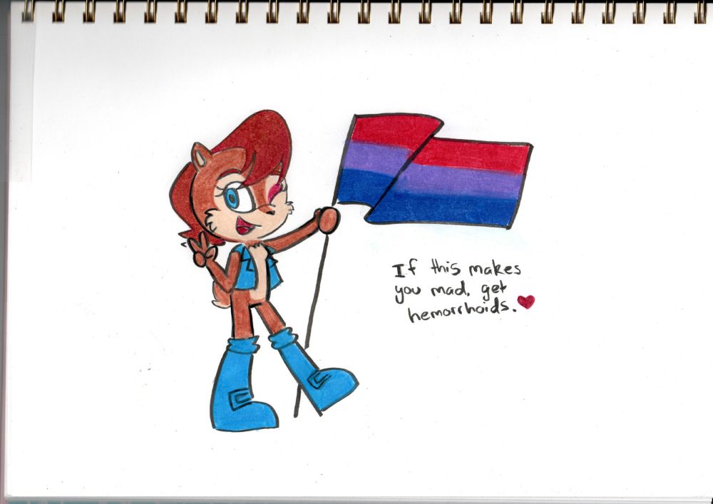 Sally Acorn is posing with the bisexual flag, winking and throwing a peace sign. 'If this makes you mad, get hemorrhoids. [heart]' is written under the flag. Drawn on paper, coloured with pencils.