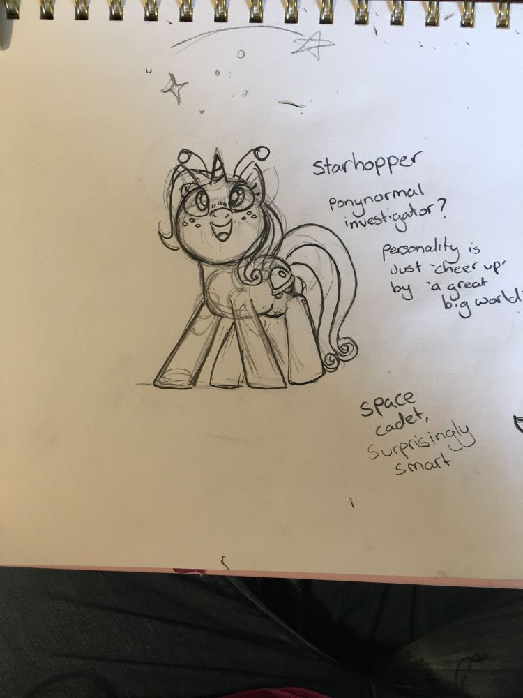 Starhopper again, gazing upwards towards space with joy in her eyes. To the right is a bunch of musings about her as a character - “Starhopper
Ponynormal investigator?
Personality is just ‘Cheer up’ by ‘A great big world’
Space cadet, surprisingly smart’