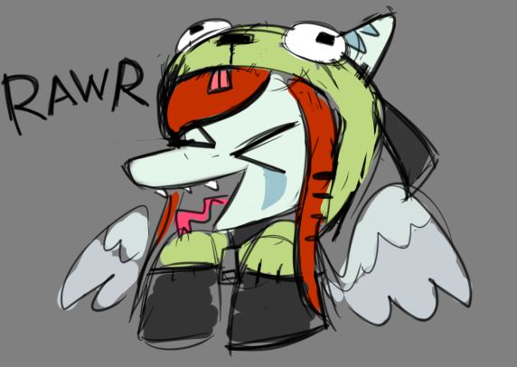 A younger Fang, when their hair was red and had the raccoonstripe pattern. They're wearing the GIR hoodie (a reference to both the music video for Antonymph by Vylet Pony and scene culture in general), making an 'XD' face and saying 'RAWR'.