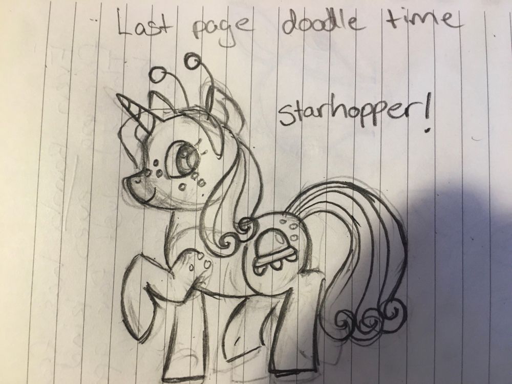 Pencil sketch of a freckled unicorn in an alien bopper headband with a ufo cutie mark.