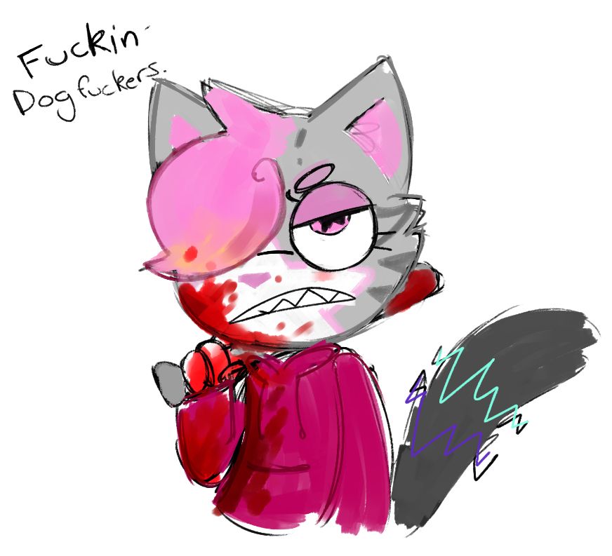 Grey tabby cat with pink bangs splattered in blood with a metal bat slung over their shoulder. Dialogue reads 'Fuckin' dogfuckers'.
