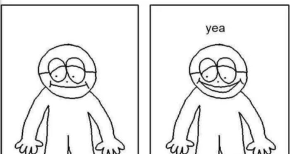 Two panels of a man looking downwards, then in the second panel he says "yea"