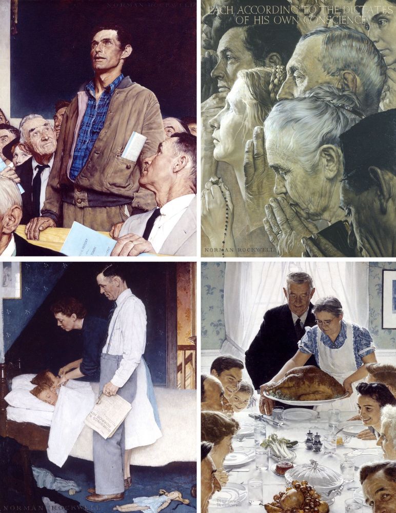 This image is a collection of four paintings by Norman Rockwell, known as the Four Freedoms series. Each painting represents one of Franklin D. Roosevelt’s “Four Freedoms” from his 1941 State of the Union address:

1. Top left (Freedom of Speech): A man in a brown jacket and blue plaid shirt stands confidently among seated townspeople, holding a piece of paper as he speaks. Others are attentively listening, showing respect and focus.

2. Top right (Freedom of Worship): A group of people of various ages and ethnicities are shown in prayer, some with hands clasped and others holding rosary beads. The phrase “Each according to the dictates of his own conscience” is inscribed at the top.

3. Bottom left (Freedom from Fear): A mother and father are tucking their children into bed. The father is holding a folded newspaper with headlines referencing the ongoing war, suggesting the desire to protect their children from global conflict.

4. Bottom right (Freedom from Want): A family is gathered around a table as an older woman sets down a large roast turkey. Everyone is smiling and engaged with one another, reflecting comfort and abundance.

The paintings reflect themes of security, faith, expression, and comfort in everyday American life.