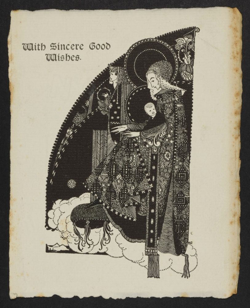 Black and white illustrated Christmas card by Harry Clarke featuring the Virgin Mary holding baby Jesus