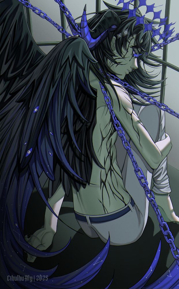 An angel man with black hair and black wings with his back turned while sitting in a cage with blue chains around his neck. His face and lower body has black veins growing on him, and he has blue horns and a blue halo.