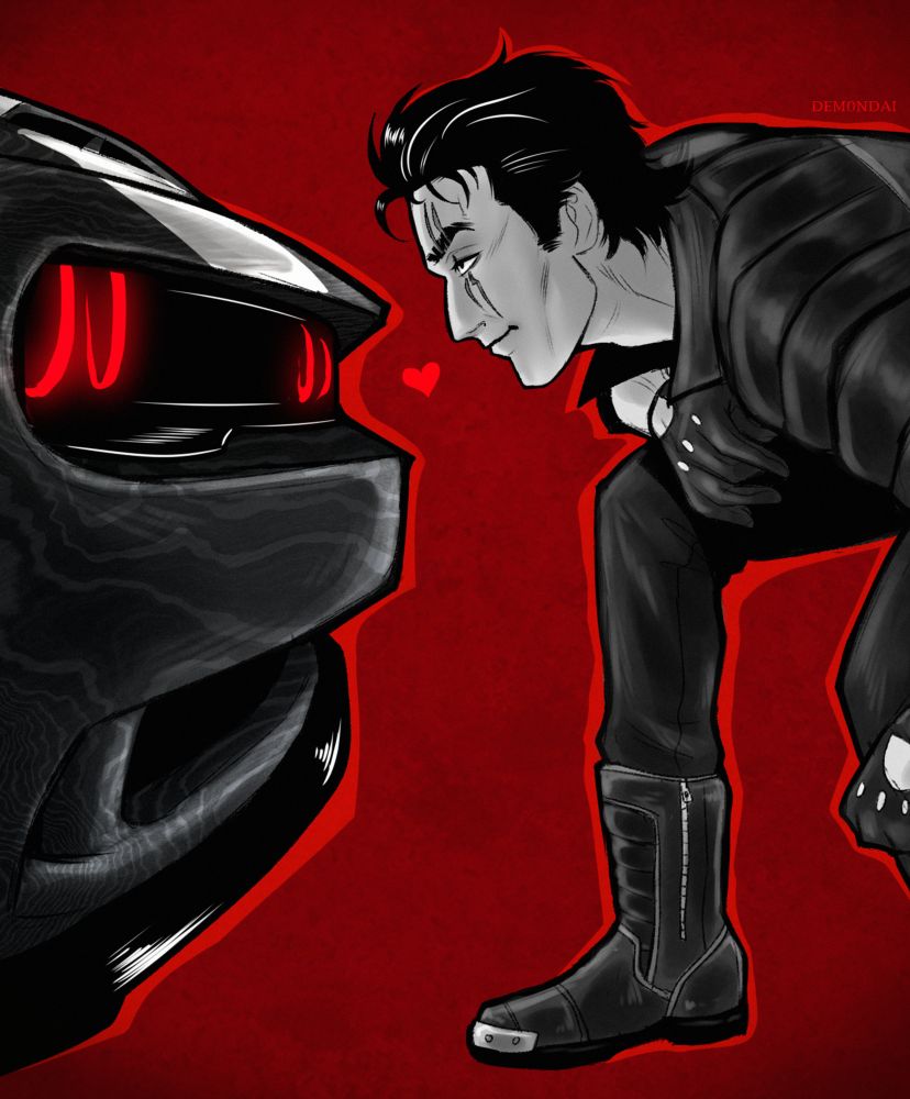 artwork of my OC with his beloved Dodge Demon.