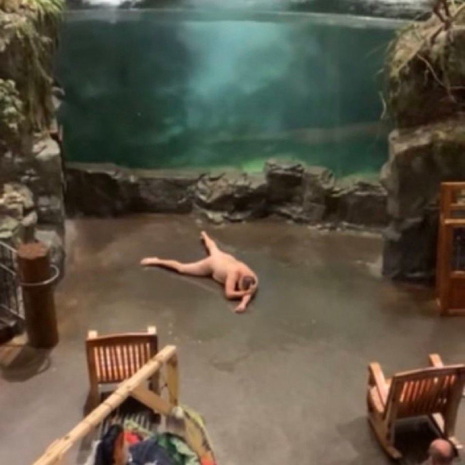 a naked person splattered in front of a large aquarium 