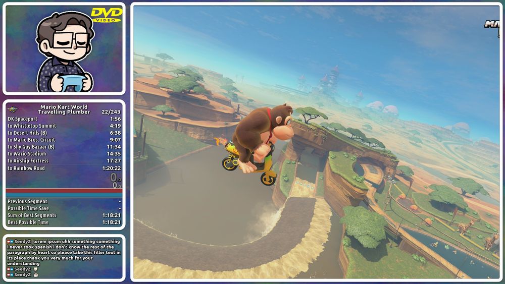 A screenshot of a 4:3 speedrun stream layout, each main element contained in its own box with a white border.