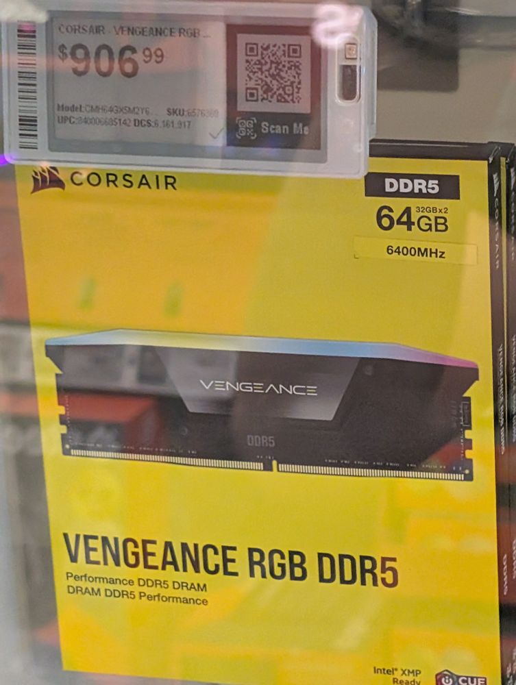 A picture of 64GB DDR5 RAM on a store shelf.