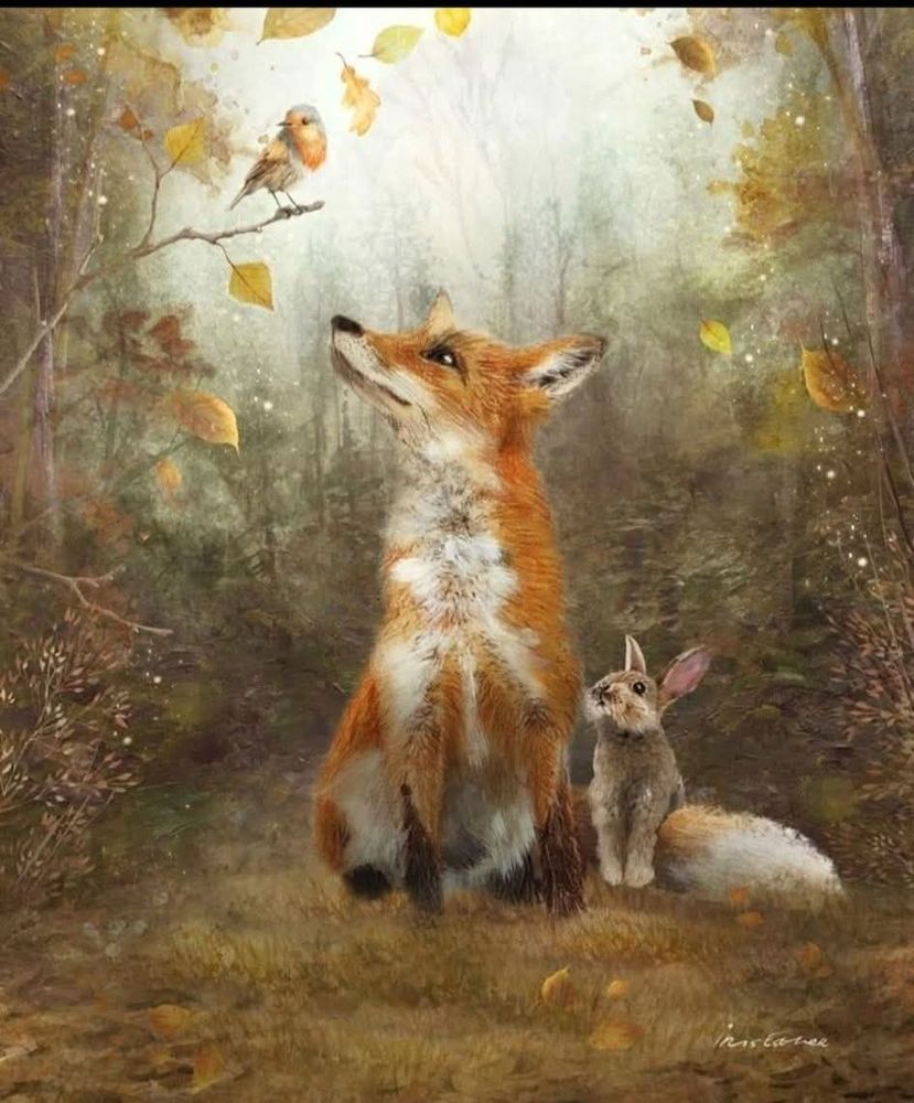 A painting of a fox and rabbit enjoying autumn.