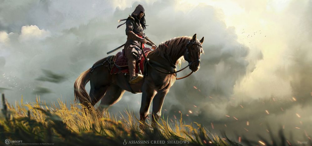 Concept art de Fujibayashi Naoe sur un cheval dans Assassin's Creed Shadows.