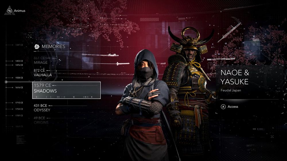 Interface de l'Animus hub avec Naoe et Yasuke, et la possibilité de cliquer sur d'autres dates, comme Valhalla, Mirage, etc.