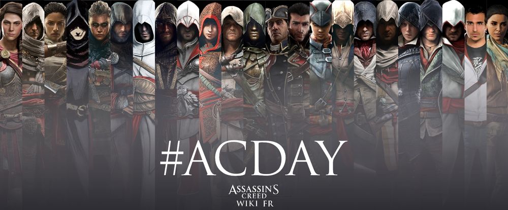 Visuel avec tous les personnages importants de la franchise Assassin's Creed. Texte : "#ACDay", logo : Assassin's Creed Wiki FR. 