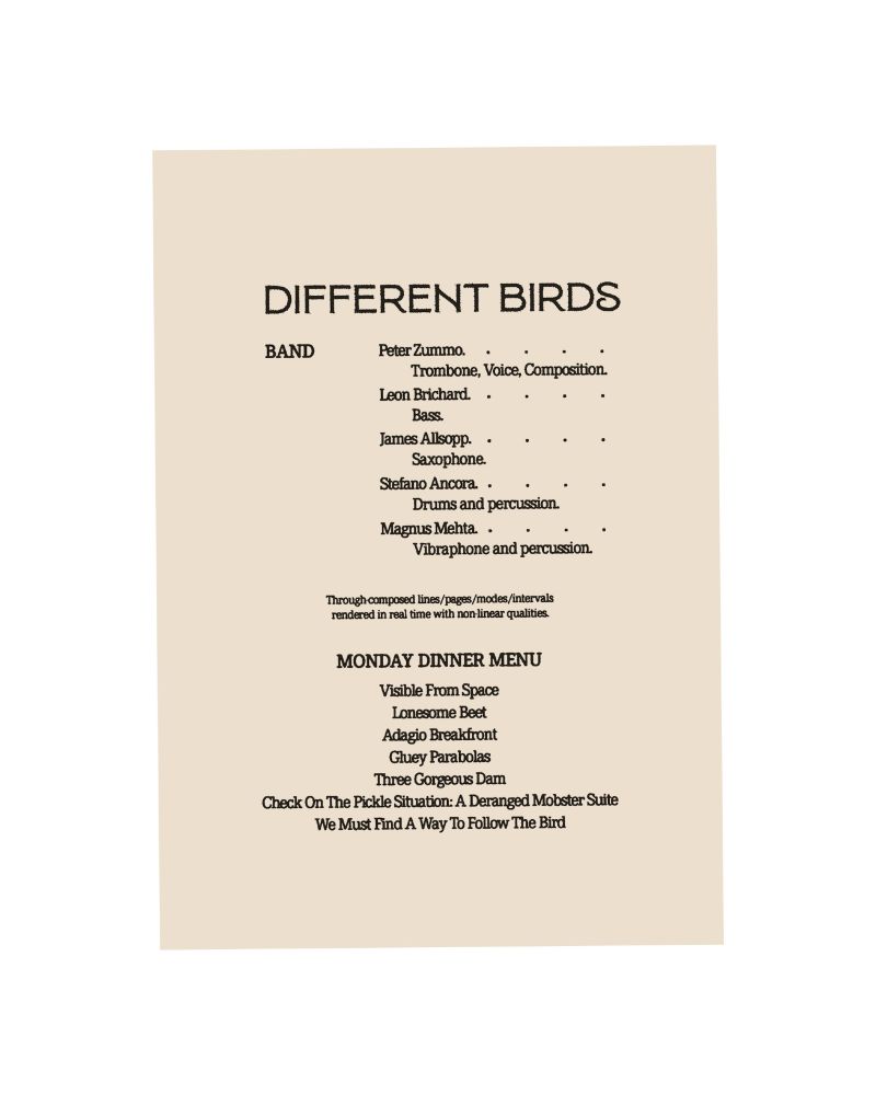 A concert program in the style of a restaurant menu, with title of the event, names of the musicians and their instruments, a brief description of the music, and a list of composition titles.