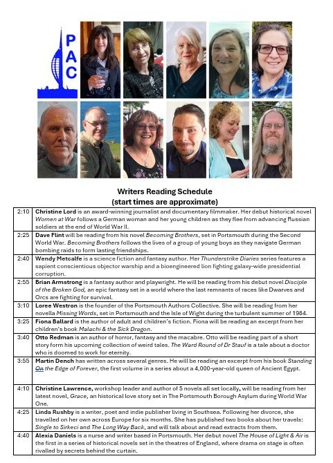 Timings for speakers at  the Writers Reading afternoon at St. Thomas' Cathedral in Old Portsmouth this Saturday, 2nd August, between 2 and 5 p.m.