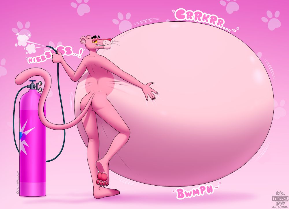 The Pink Panther, with his back to the viewer and one arm over his hugely inflated belly almost as big as he is. He's holding still hissing hose attached to a large pink air tank with the other hand, and lifting a foot showing off his large pink pawpads.