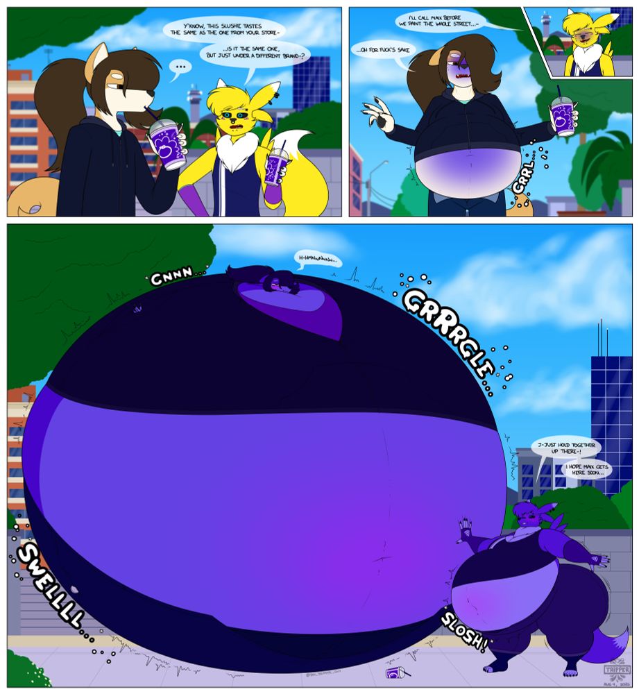 Short comic featuring Isaac (Shiba Inu) and Aster (Renamon) drinking blueberry slushies that result in the two of them swelling into huge berries, with Isaac swelling the biggest the fastest and Aster trying to get help before the two of them explode.