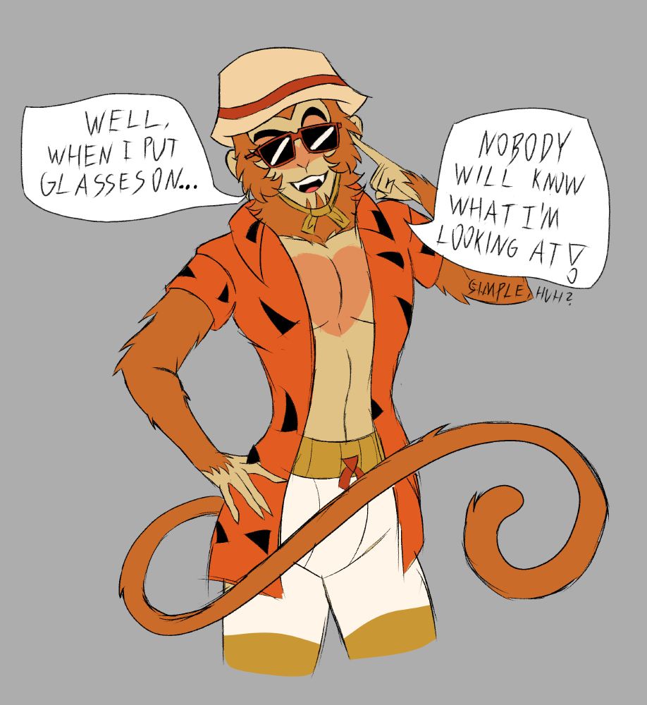 A drawing of Wukong standing in a confident pose with his arm pointing at his sunglasses when he says with a smile:

Well, when I put glasses on... Nobody will know what I'm looking at! Simple, huh?
