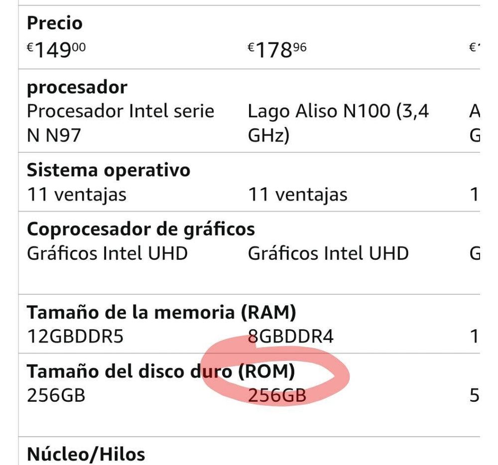 captura de unas especificaciones de producto en la que pone "Tamaño de la memoria (RAM)" y luego "Tamaño del disco duro (ROM)".

si comentar además que pone "Sistema operativo: 11 ventajas (sic)". ¿cómo diablos se maltradujo "Windows 11" a esto? madre mía del amor hermoso. si no tuviéramos las tragedias actuales en el mundo, igual estaríamos jodidos con esta torre de Babel auto-infligida por las terribles traducciones de Amazon. es que, por favor. 😩