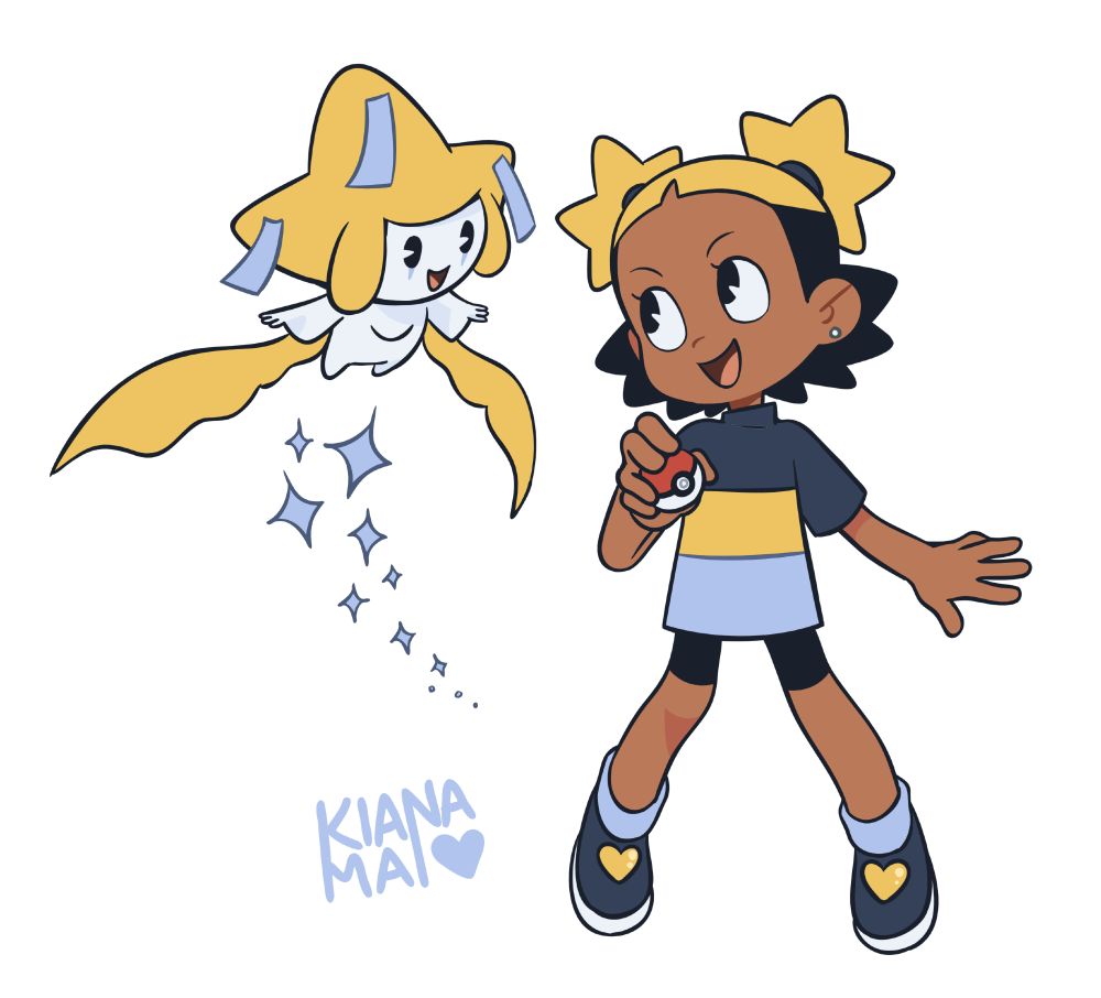 A young girl in an oversized navy blue/light blue shirt with a yellow stripe in the middle. She has blonde star shaped hair buns and the bottom half of her hair is black and spiky. She's holding a Pokeball and looking up at the Pokemon Jirachi. They're both smiling at each other