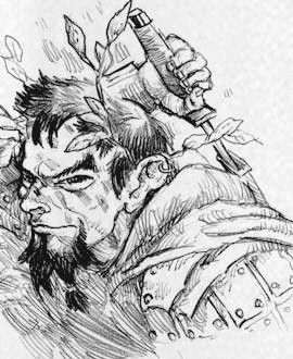 A gnome with bony, sharp features draws a sword from a scabbard on his back. His black hair is short and tussled. Twigs with leave stick out from it and behind his ears. His eyes are narrow beneath bushy brows and his goatee is shaped into several small points. He wears a heavy cloak over splint mail.
