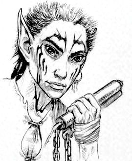 An elf monk grips a pair of nunchaku in her wrapped hand. She has a short brown mullet and sharp patterns tattooed or painted around her brow, cheeks and neck. She wears a simple shirt and earring in her left ear.