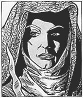 A woman's face is shadowed by the hood of a patterned shawl. Her robe has a high neck. The blade of a kris knife can be seen.