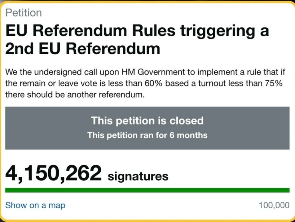 Petition
EU Referendum Rules triggering a
2nd EU Referendum
We the undersigned call upon HM Government to implement a rule that if the remain or leave vote is less than 60% based a turnout less than 75% there should be another referendum.
This petition is closed
This petition ran for 6 months
4,150,262 signatures
Show on a map
100,000