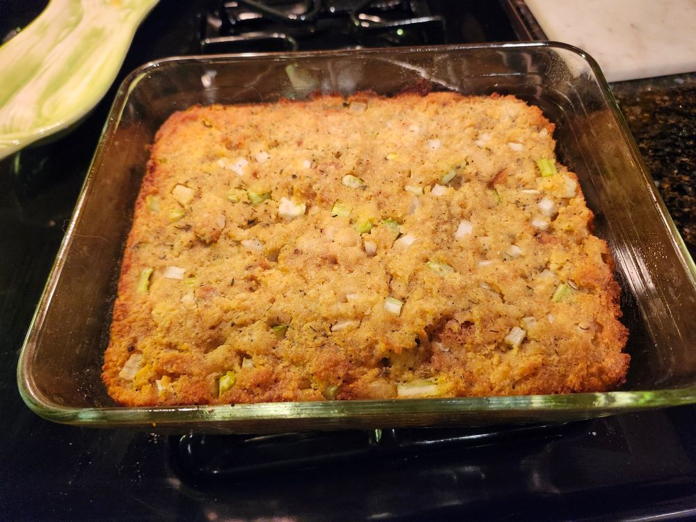Mom's cornbread stuffing recipe, studded with onions and celery. 
