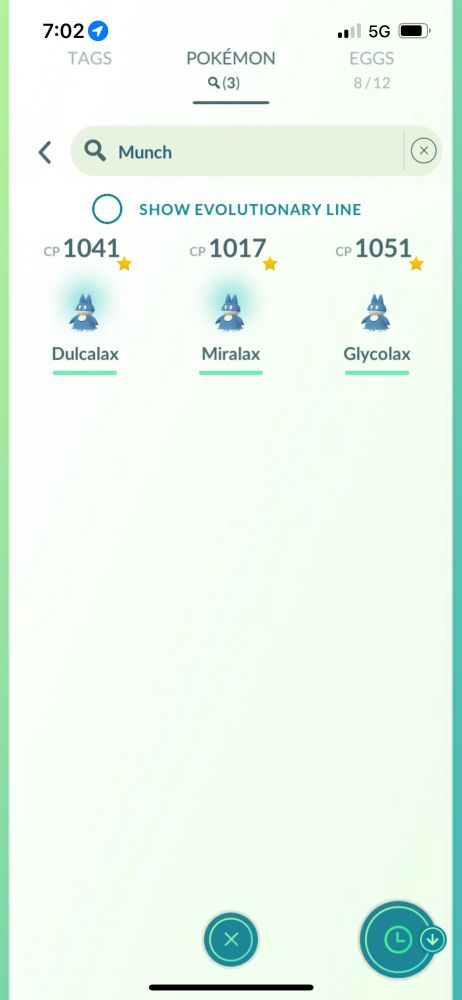 3 Munchlax in pokemonGO, each nicknamed for a different laxative brand