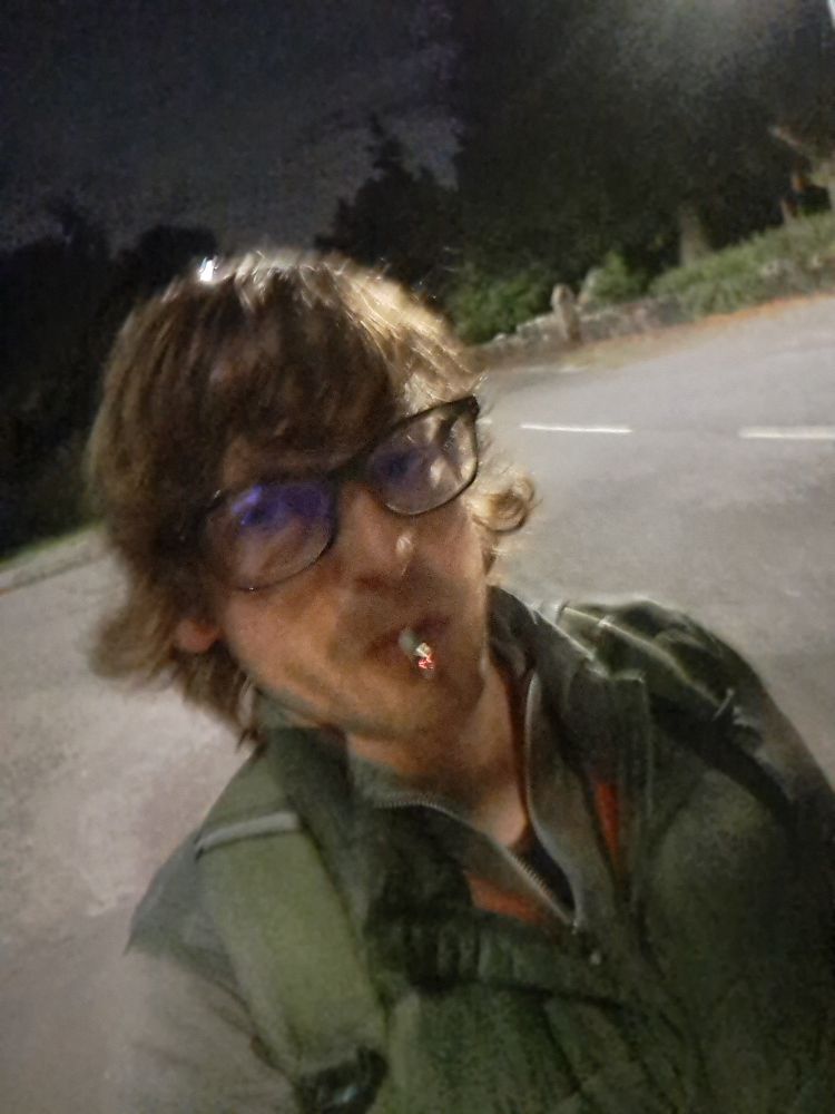 Selfie. 44yo white man wearing glasses with long messy light brown hair. Wearing a green top. Smoking. 