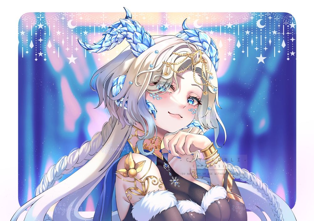 A beautiful, queenly girl with a majestic aura, wearing gold jewelry and accessories, blonde jellyfish-like hair with icy blue highlights, crystal scale horns gleaming, smirking and staring at you while bringing her chin down to rest on the back of her hand