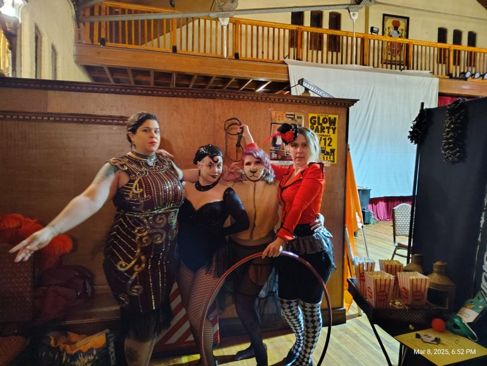 Arydaea with fellow female performers, all in circus themed costumes 